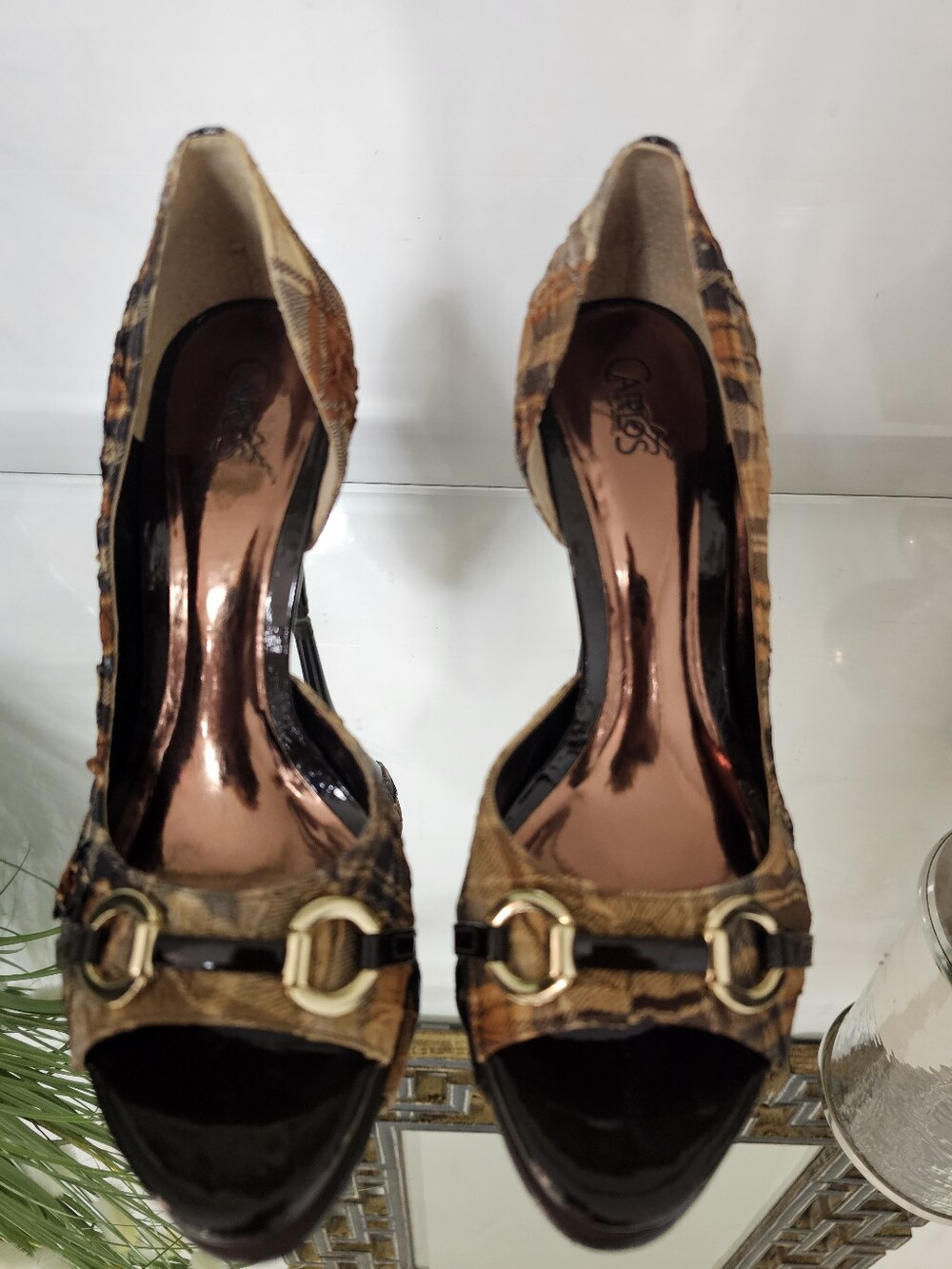 Carlos by Carlos Santana Brown Patterned Peep-Toe Heels Sz  8.5 NIB